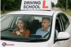 A driving instructor in North York pointing to a map of a test route.